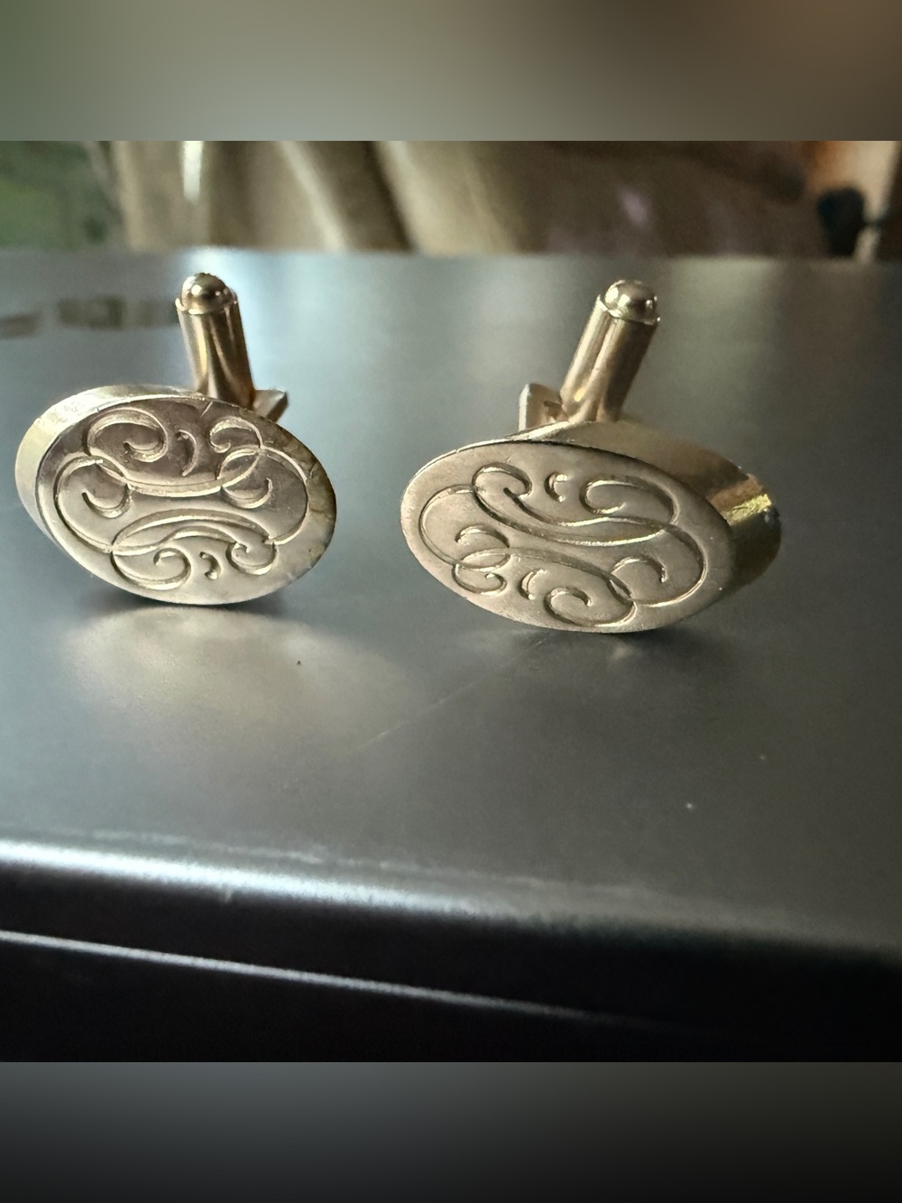 Vintage Gold Tone Oval Engraved Scroll Cufflinks Classic Mens Formal Accessory